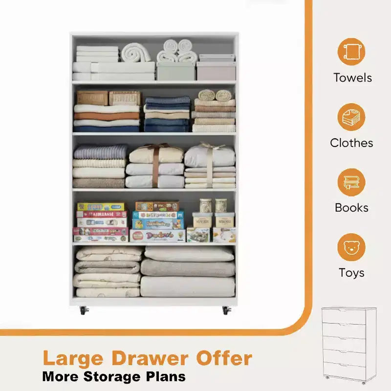 Armoire de rangement moderne à 5 tiroirs de 76 cm avec roulettes, blanc, capacité de 72,5 kg