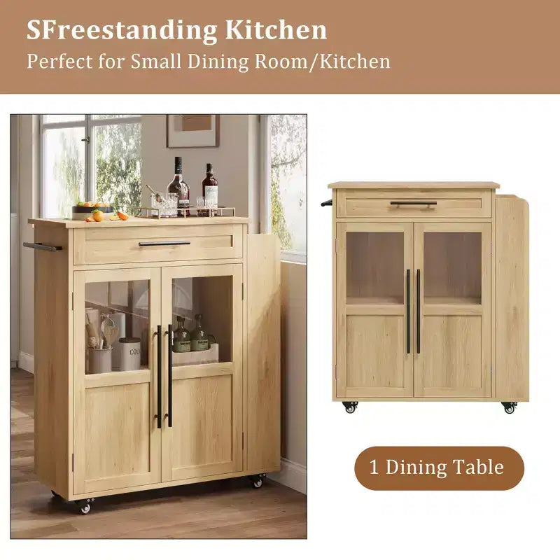 Îlot de cuisine rétro de 48 pouces de style ferme avec rangement, armoire vitrée et station de café