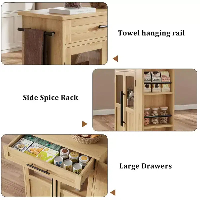 Îlot de cuisine rétro de 48 pouces de style ferme avec rangement, armoire vitrée et station de café
