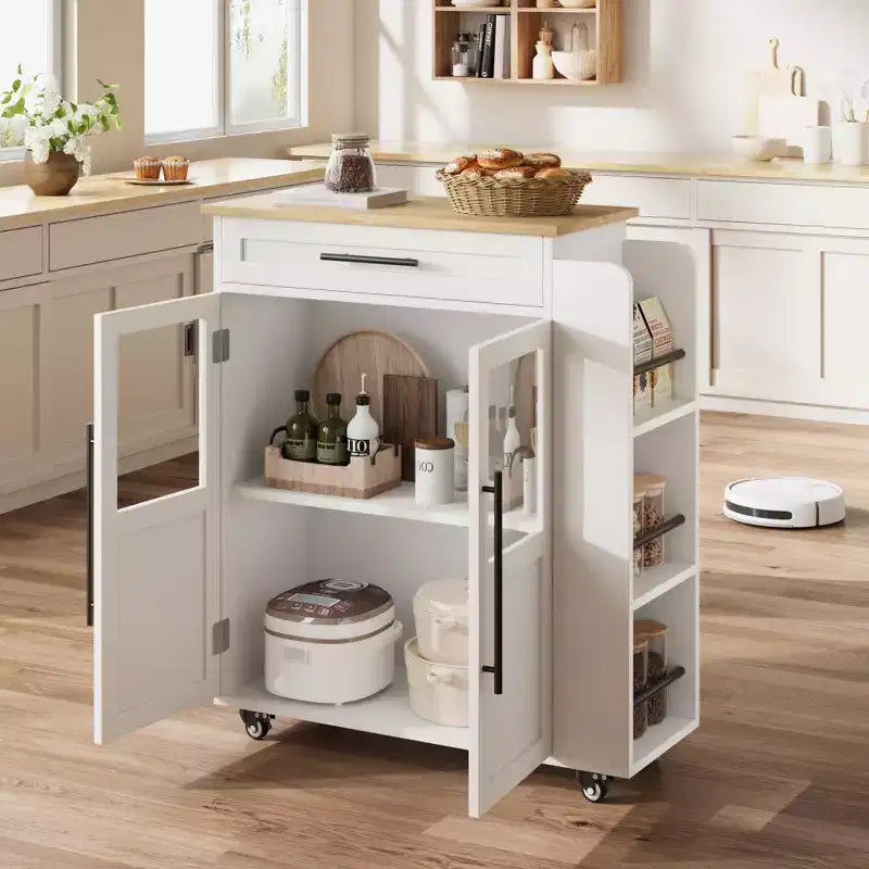 Îlot de cuisine rétro de 48 pouces de style ferme avec rangement, armoire vitrée et station de café