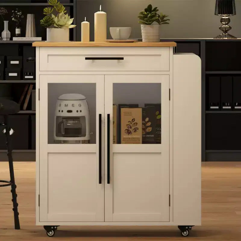 Îlot de cuisine rétro de 48 pouces de style ferme avec rangement, armoire vitrée et station de café