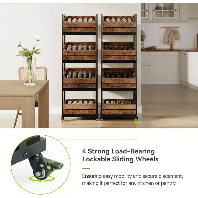 Chariot de cuisine en bois à 4 niveaux avec roues verrouillables, étagère mobile de rangement pour fruits et légumes