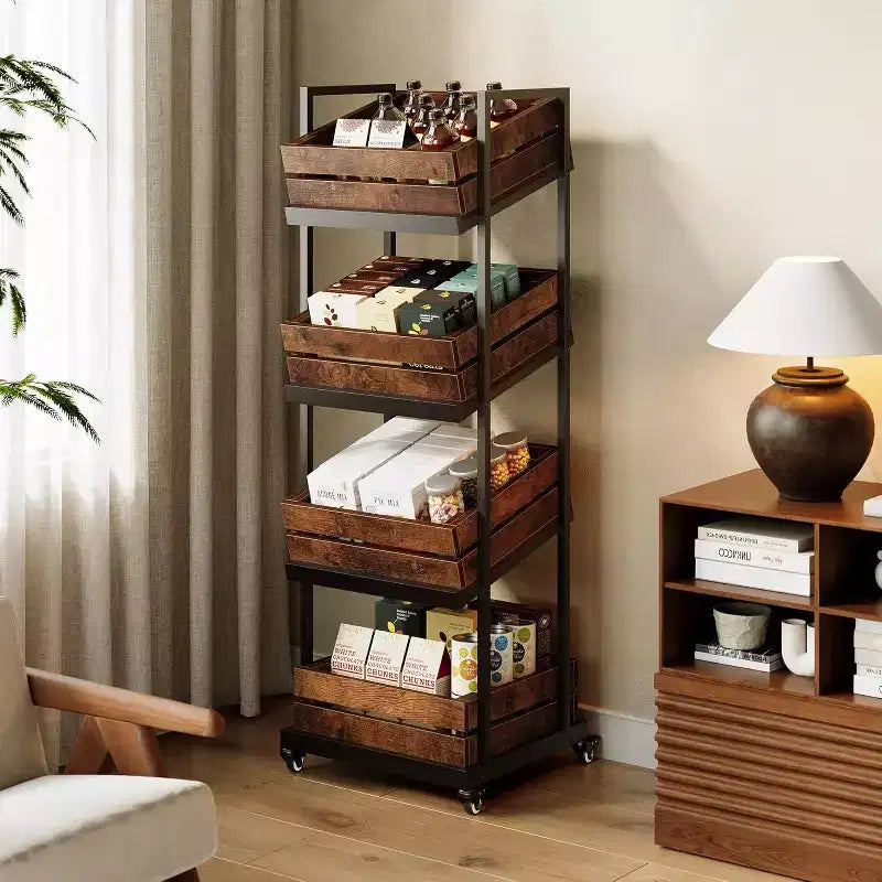 Chariot de cuisine en bois à 4 niveaux avec roues verrouillables, étagère mobile de rangement pour fruits et légumes