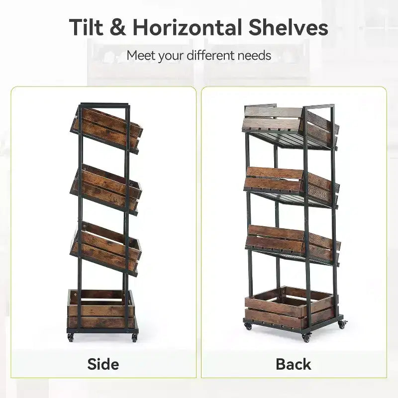 Chariot de cuisine en bois à 4 niveaux avec roues verrouillables, étagère mobile de rangement pour fruits et légumes