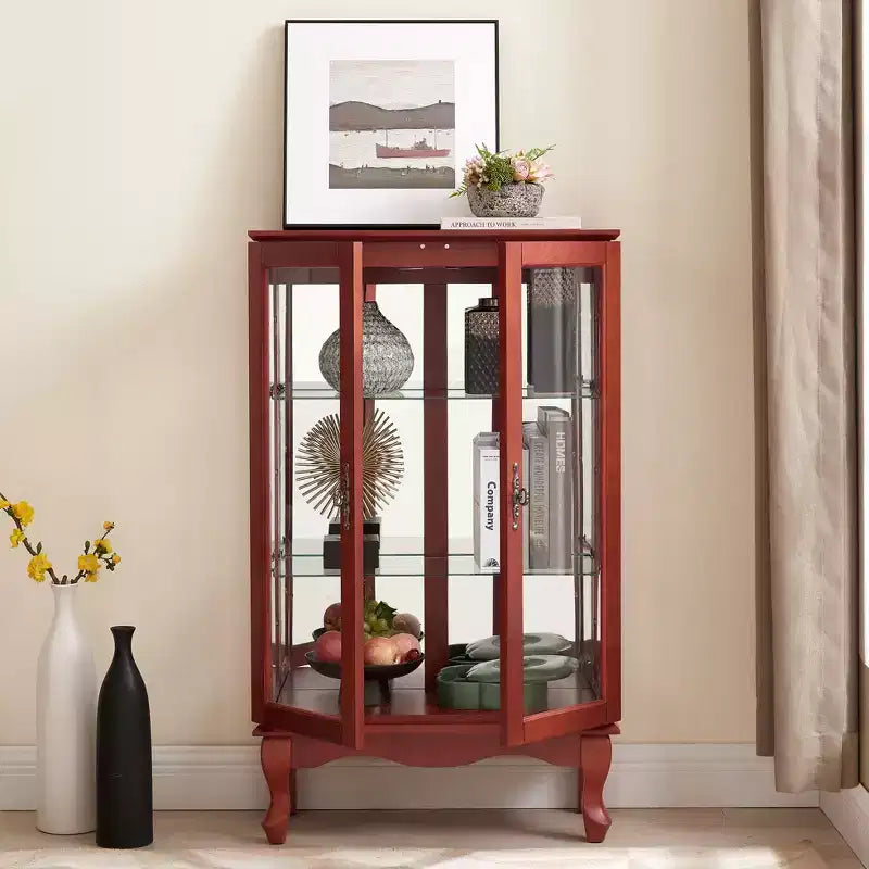 Vitrine 2 portes avec portes en verre trempé, fond miroir, étagères réglables et éclairage intégré
