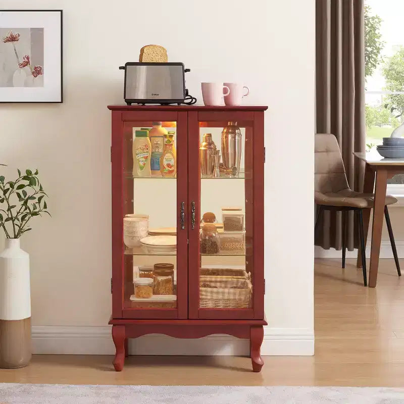 Vitrine 2 portes avec portes en verre trempé, fond miroir, étagères réglables et éclairage intégré
