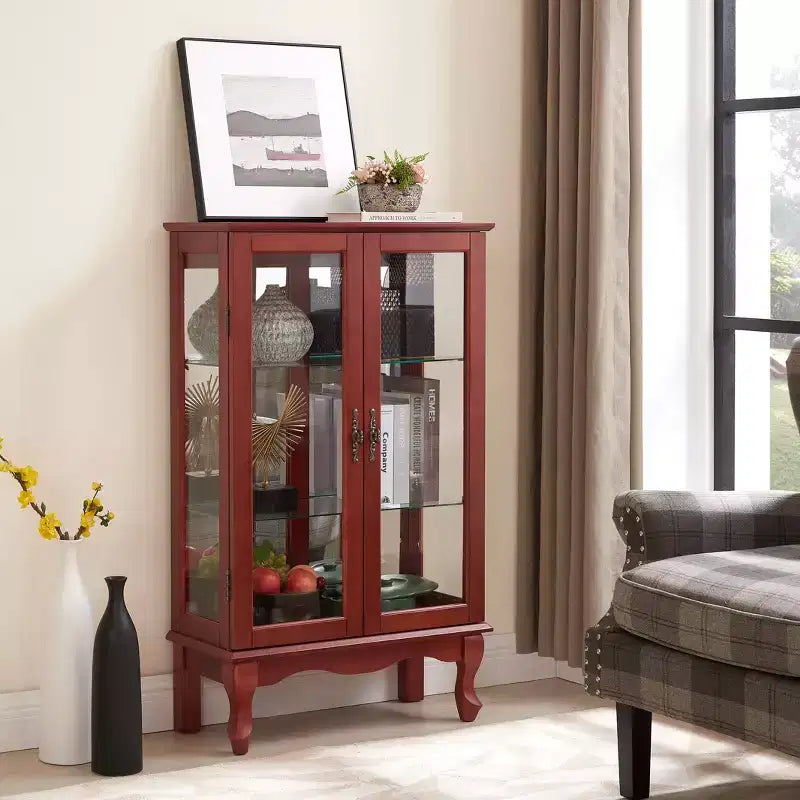 Vitrine 2 portes avec portes en verre trempé, fond miroir, étagères réglables et éclairage intégré