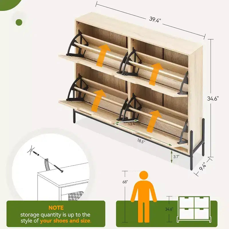 Meuble à chaussures autoportant en rotin avec 4 tiroirs à abattant, rangement compact et peu encombrant pour entrée