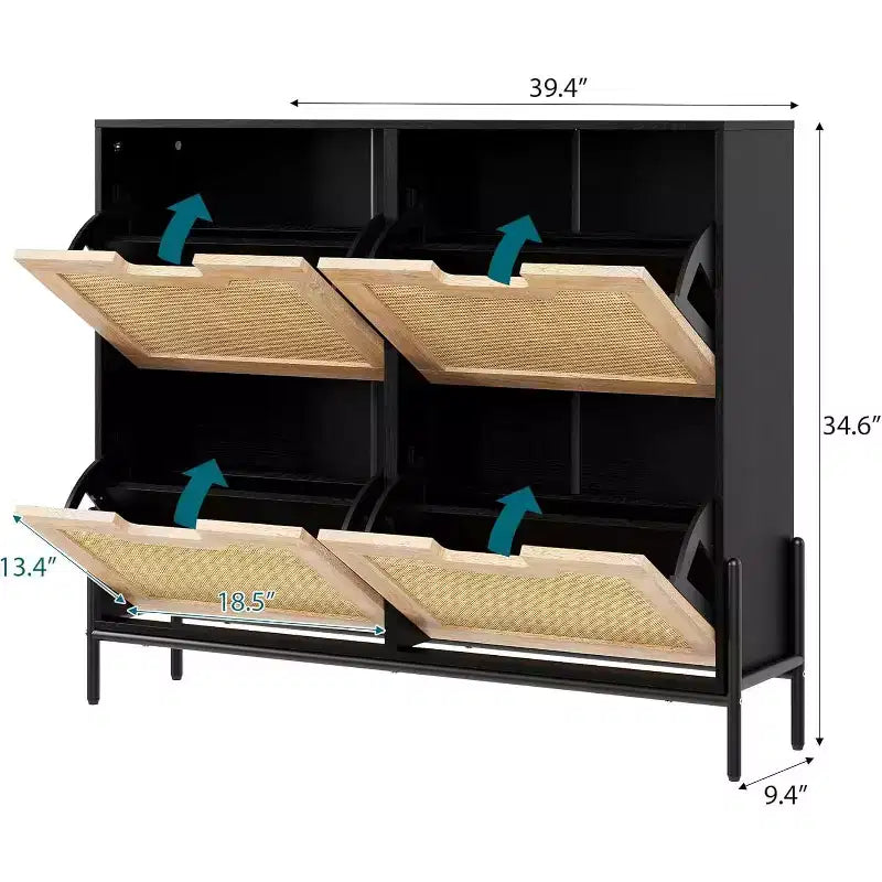 Meuble à chaussures autoportant en rotin avec 4 tiroirs à abattant, rangement compact et peu encombrant pour entrée