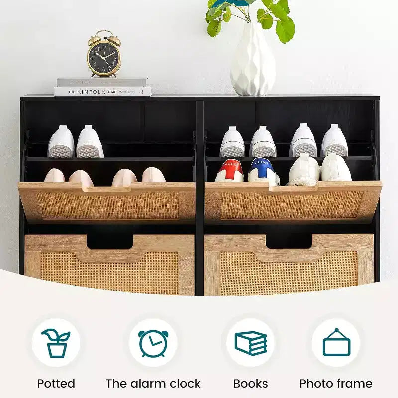 Meuble à chaussures autoportant en rotin avec 4 tiroirs à abattant, rangement compact et peu encombrant pour entrée