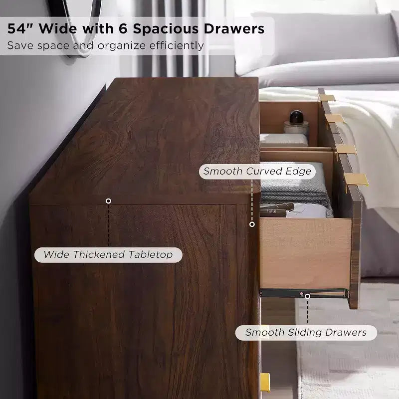 Commode cannelée à 6 tiroirs avec poignées en métal, profil incurvé, organisateur de rangement en bois, 54 l
