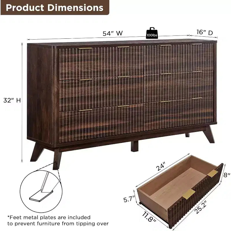 Commode cannelée à 6 tiroirs avec poignées en métal, profil incurvé, organisateur de rangement en bois, 54 l