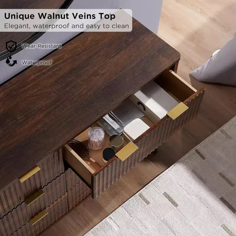Commode cannelée à 6 tiroirs avec poignées en métal, profil incurvé, organisateur de rangement en bois, 54 l