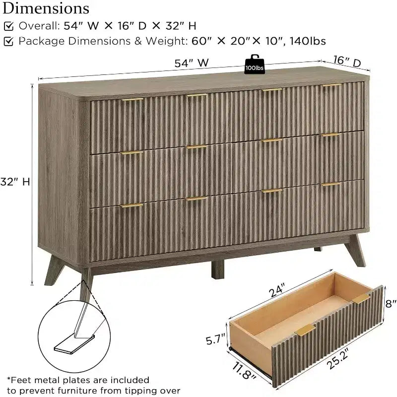 Commode cannelée à 6 tiroirs avec poignées en métal, profil incurvé, organisateur de rangement en bois, 54 l
