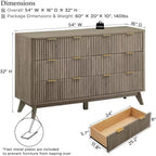 Commode cannelée à 6 tiroirs avec poignées en métal, profil incurvé, organisateur de rangement en bois, 54 l