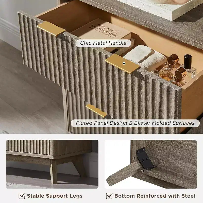 Commode cannelée à 6 tiroirs avec poignées en métal, profil incurvé, organisateur de rangement en bois, 54 l