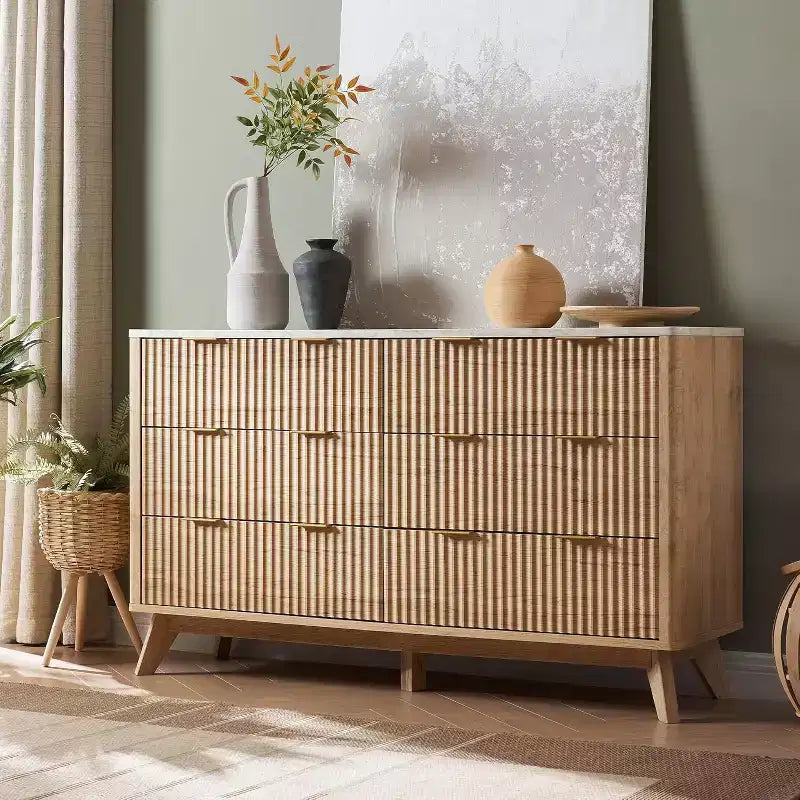 Commode cannelée à 6 tiroirs avec poignées en métal, profil incurvé, organisateur de rangement en bois, 54 l