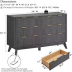 Commode cannelée à 6 tiroirs avec poignées en métal, profil incurvé, organisateur de rangement en bois, 54 l