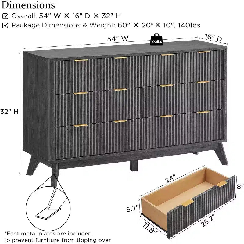 Commode cannelée à 6 tiroirs avec poignées en métal, profil incurvé, organisateur de rangement en bois, 54 l