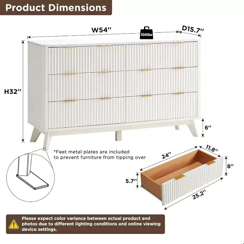 Commode cannelée à 6 tiroirs avec poignées en métal, profil incurvé, organisateur de rangement en bois, 54 l