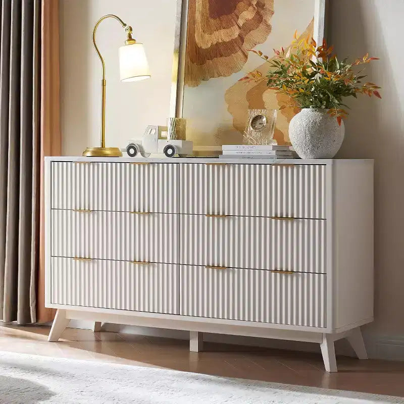 Commode cannelée à 6 tiroirs avec poignées en métal, profil incurvé, organisateur de rangement en bois, 54 l