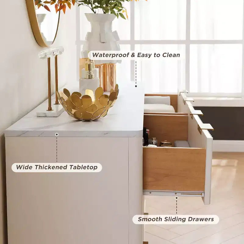 Commode cannelée à 6 tiroirs avec poignées en métal, profil incurvé, organisateur de rangement en bois, 54 l