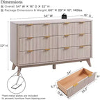 Commode cannelée à 6 tiroirs avec poignées en métal, profil incurvé, organisateur de rangement en bois, 54 l