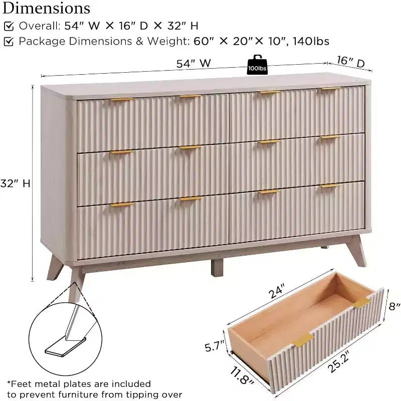 Commode cannelée à 6 tiroirs avec poignées en métal, profil incurvé, organisateur de rangement en bois, 54 l