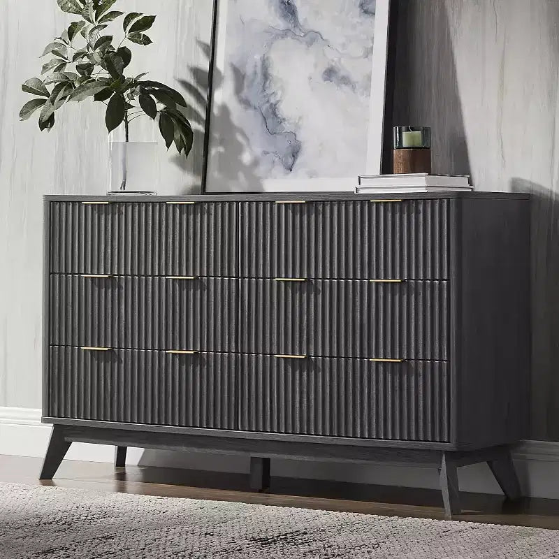 Commode cannelée à 6 tiroirs avec poignées en métal, profil incurvé, organisateur de rangement en bois, 54 l