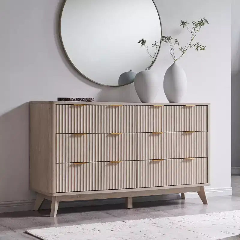 Commode cannelée à 6 tiroirs avec poignées en métal, profil incurvé, organisateur de rangement en bois, 54 l