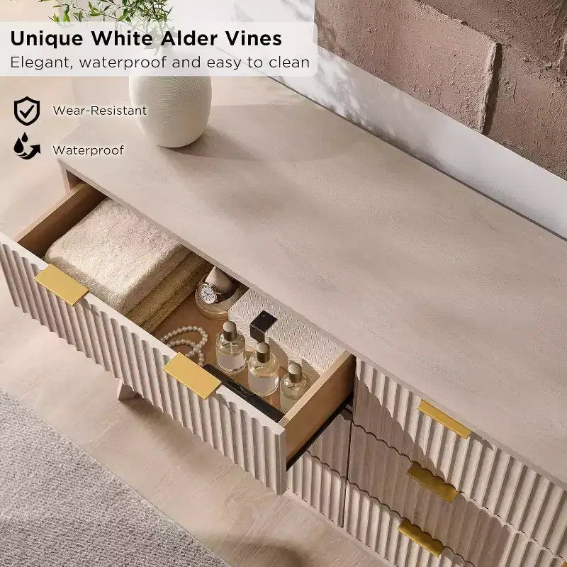 Commode cannelée à 6 tiroirs avec poignées en métal, profil incurvé, organisateur de rangement en bois, 54 l