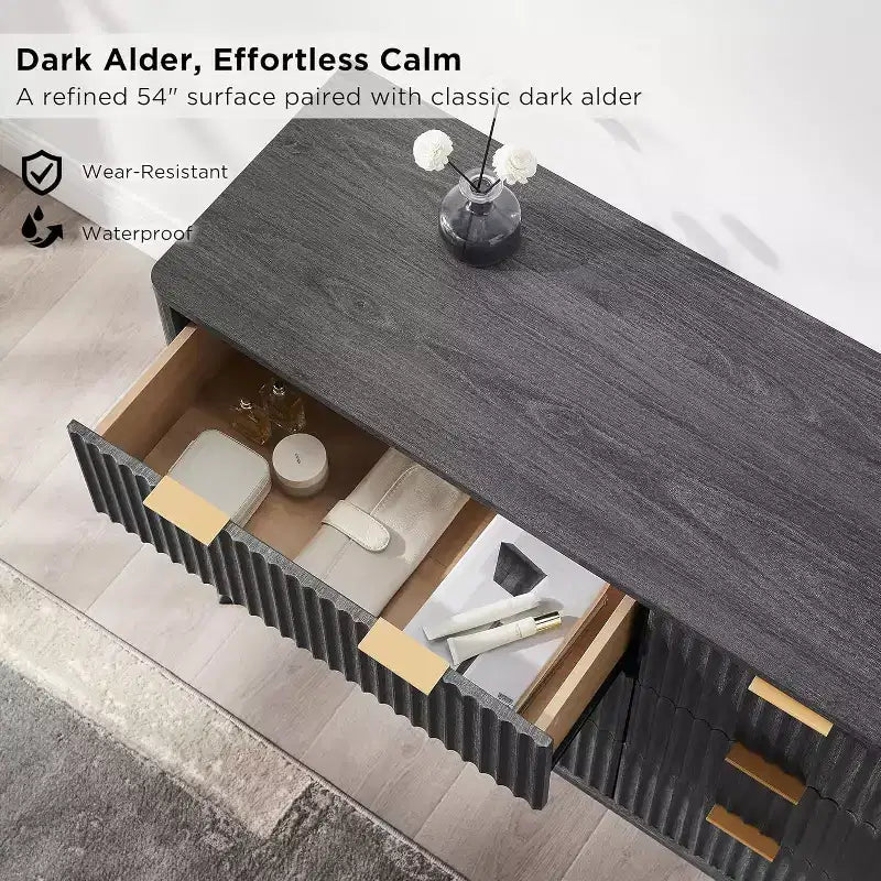 Commode cannelée à 6 tiroirs avec poignées en métal, profil incurvé, organisateur de rangement en bois, 54 l