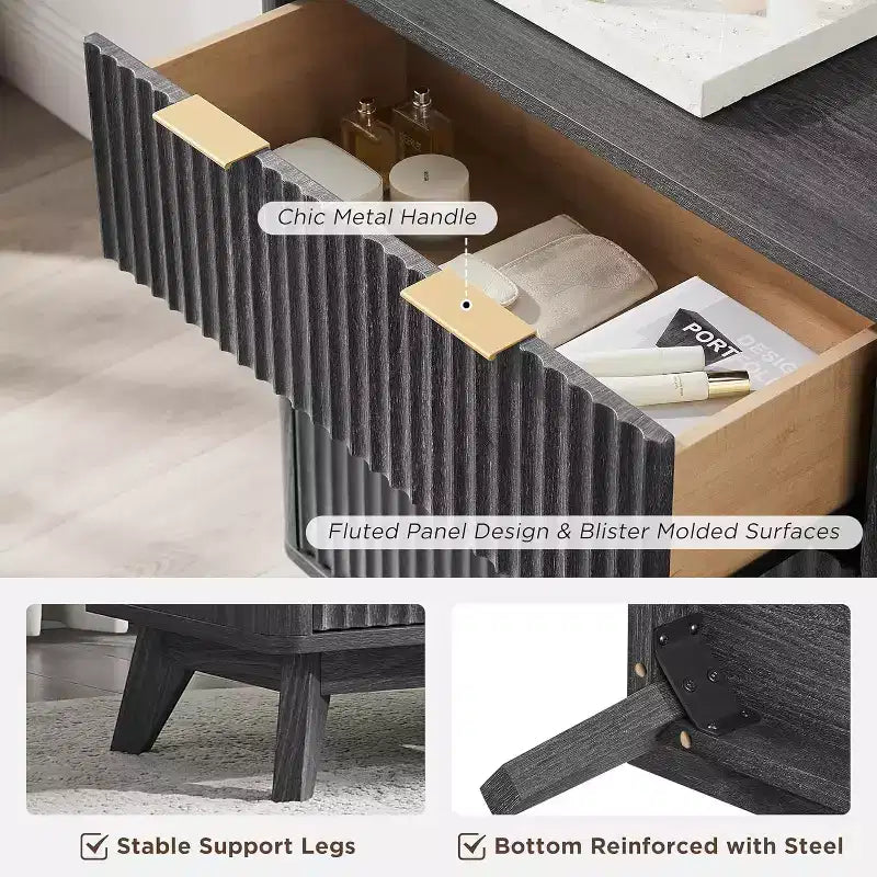 Commode cannelée à 6 tiroirs avec poignées en métal, profil incurvé, organisateur de rangement en bois, 54 l