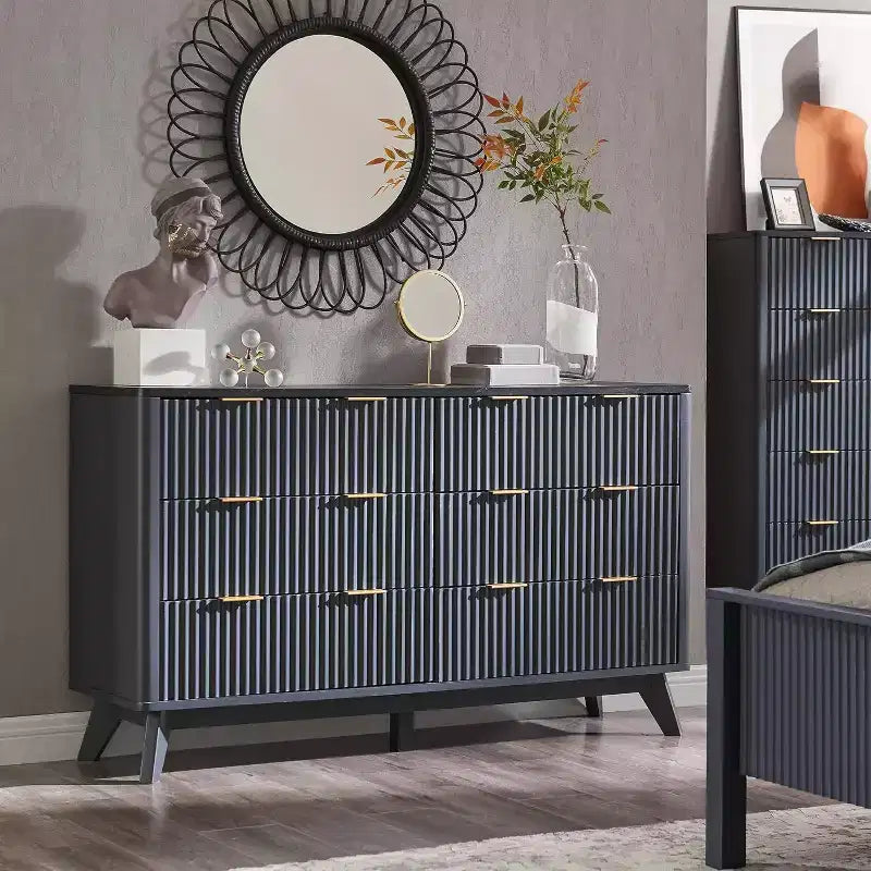 Commode cannelée à 6 tiroirs avec poignées en métal, profil incurvé, organisateur de rangement en bois, 54 l
