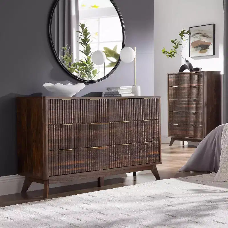 Commode cannelée à 6 tiroirs avec poignées en métal, profil incurvé, organisateur de rangement en bois, 54 l