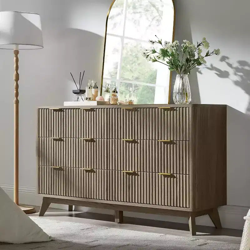Commode cannelée à 6 tiroirs avec poignées en métal, profil incurvé, organisateur de rangement en bois, 54 l