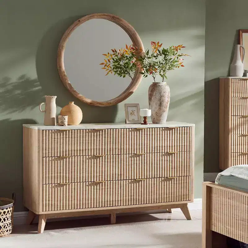 Commode cannelée à 6 tiroirs avec poignées en métal, profil incurvé, organisateur de rangement en bois, 54 l
