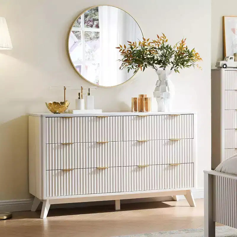 Commode cannelée à 6 tiroirs avec poignées en métal, profil incurvé, organisateur de rangement en bois, 54 l