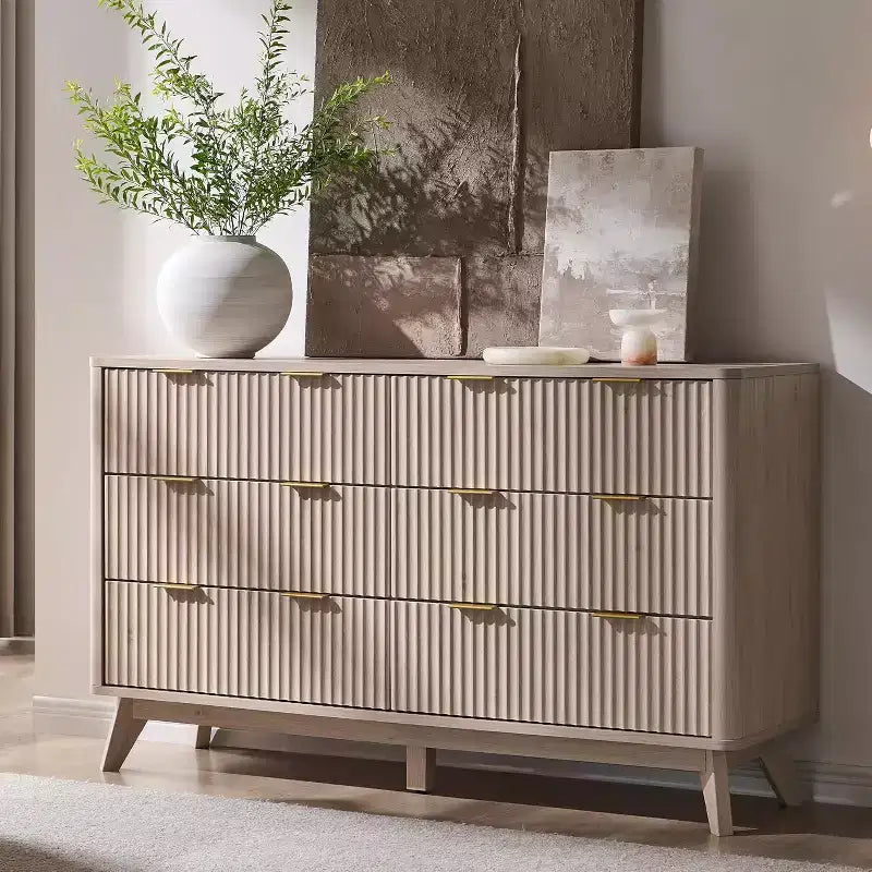 Commode cannelée à 6 tiroirs avec poignées en métal, profil incurvé, organisateur de rangement en bois, 54 l