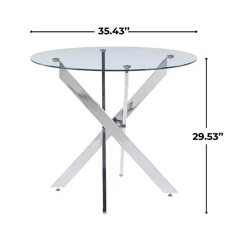 Table à manger carrée avec pieds en croix en métal chromé et plateau en verre trempé, 89 x 89 cm, gain de place