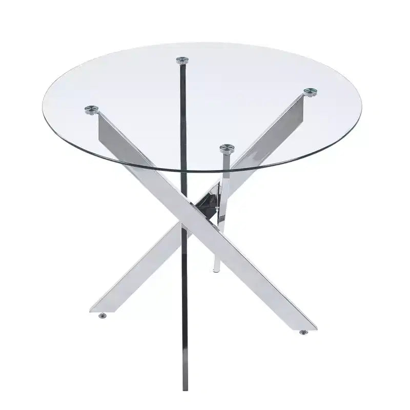 Table à manger carrée avec pieds en croix en métal chromé et plateau en verre trempé, 89 x 89 cm, gain de place