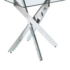 Table à manger carrée 90x90x75cm, pieds croisés en métal chromé et plateau en verre trempé, gain de place