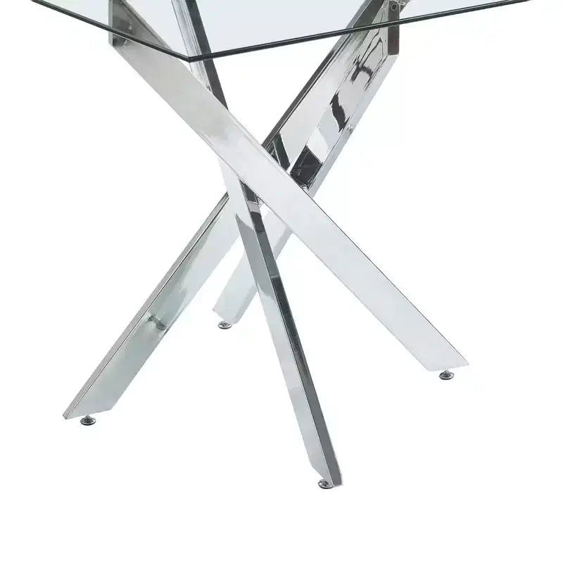 Table à manger carrée 90x90x75cm, pieds croisés en métal chromé et plateau en verre trempé, gain de place