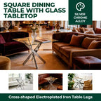 Table à manger carrée 90x90x75cm, pieds croisés en métal chromé et plateau en verre trempé, gain de place