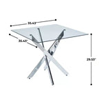 Table à manger carrée 90x90x75cm, pieds croisés en métal chromé et plateau en verre trempé, gain de place