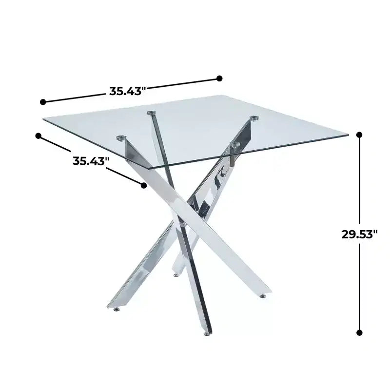Table à manger carrée 90x90x75cm, pieds croisés en métal chromé et plateau en verre trempé, gain de place