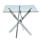 Table à manger carrée 90x90x75cm, pieds croisés en métal chromé et plateau en verre trempé, gain de place