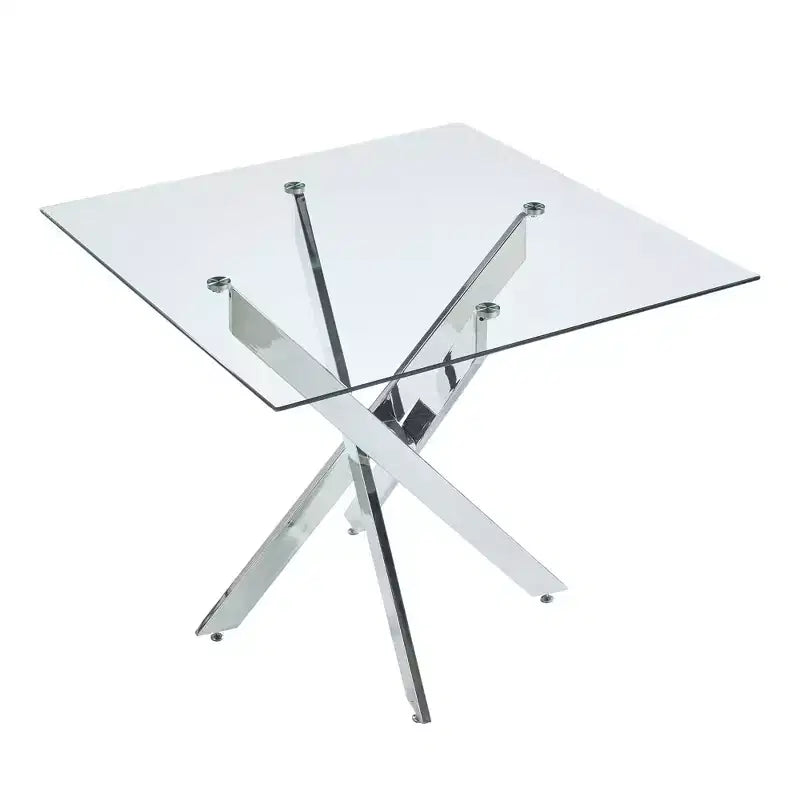 Table à manger carrée 90x90x75cm, pieds croisés en métal chromé et plateau en verre trempé, gain de place