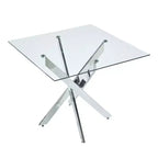 Table à manger carrée 90x90x75cm, pieds croisés en métal chromé et plateau en verre trempé, gain de place