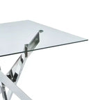 Table à manger carrée 90x90x75cm, pieds croisés en métal chromé et plateau en verre trempé, gain de place